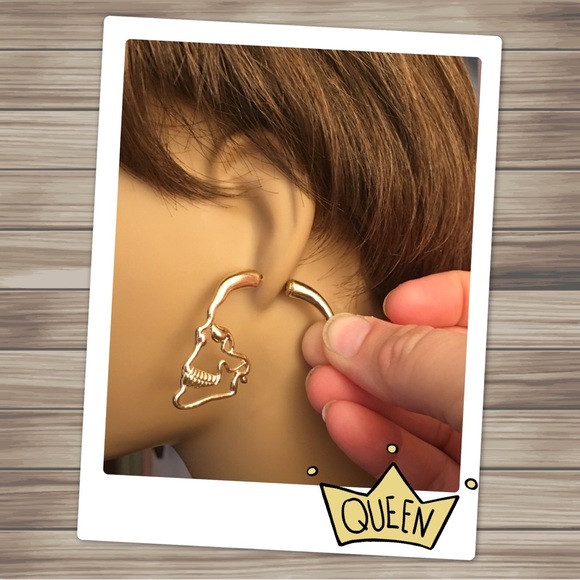 Gold Silouhette Skull Earrings - Picture 2 of 8